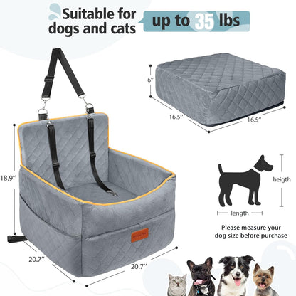 Small Dog Car Seat, Memory Foam Dog Booster Seats with Thick Cushion for Medium Dogs under 35Lbs, Detachable Washable Pet Car Seat with Storage Pockets,2 Safety Belts